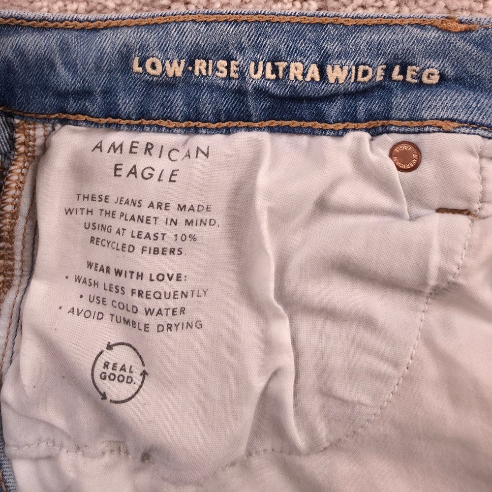 American Eagle Wide Leg Jeans Women 12 Blue Paneled Colorblock High Rise Stretch - Picture 15 of 16